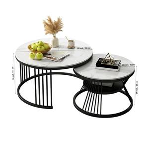 Modern Round <b>Marble</b> Top <b>Coffee</b> <b>Table</b> <b>Set</b> With Black Metal Base For Living Room Indoor Decor - Product Image 3