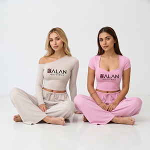 Conjunto de Yoga Kalan de 2 Piezas, Top Corto con Hombros Descubiertos y Pantalones con Cordón, Color Sólido, Transpirable, Spandex, Poliéster, Largo Completo - Product Image 2