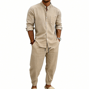 Ensemble chemise et pantalon décontracté rayé noir pour homme, tenue d'été en deux pièces tissée, tricot gaufré respirant 400g - Product Image 5