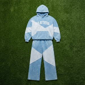 <b>Mens</b> <b>Light</b> Blue Acid Wash Color Block Zip <b>Jacket</b> Wide Leg Pants Tracksuit Set Custom Streetwear Casual Fashion Look - Product Image 5