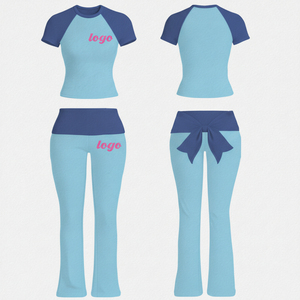 Women <b>Raglan</b> Short Sleeve Lounge Set O Neck Contrast Color <b>Top</b> and High Waist Pants Custom Logo Summer Casual Wear - Product Image 1