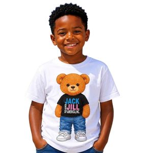 T-shirt graphique blanc à manches courtes pour jeunes, imprimé ours en peluche, col rond, décontracté, léger, pour tous les jours, pour garçons et enfants - Product Image 1