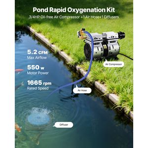 5.2CFM Pond Aerators for 3-Acre Lakes 3/4 HP Air Compressor 1 Diffuser 100 <b>Weighted</b> Tubing Outdoor Aquaculture <b>Machine</b> Aerators - Product Image 2
