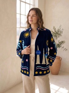 Mandarin Collar Velvet Embroidered Jacket Boho Tropical Print Long Sleeve Loose Fit Spring Outerwear Hand Embroidery <b>All</b> Season - Product Image 3