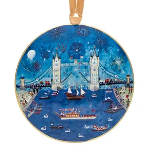 Adorno Navideño Metálico con Escena del Puente de Londres, Azul, Redondo, Decorativo para Colgar en el Árbol - Product Image 2