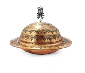 Plat de service en cuivre Hunkar martelé à la main de haute qualité avec couvercle sphérique, aspect antique - Product Image 3