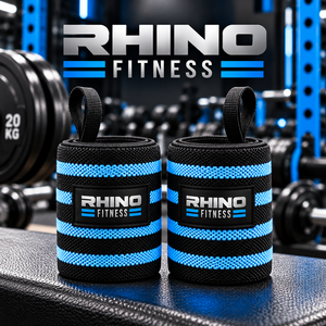 Bandes de poignet en coton noir et bleu Rhino Fitness avec boucle pour le pouce, pour la main gauche, pour la musculation, la salle de sport, le sport en plein air - Product Image 1