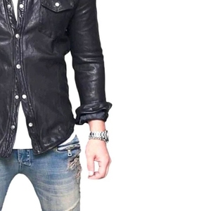Camisas de Hombre con Logotipo Personalizado al por Mayor, Camisas de Cuero Genuino de Alta Calidad, Ropa Casual para Hombre, Camisas de Cuero Ligeras con Cuello Alto - Product Image 3