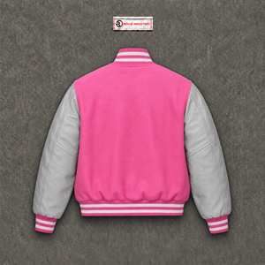 Veste universitaire en laine rose personnalisable avec logo, coupe classique, polyester et coton, couleurs unies, qualité export, produit sur demande du fabricant - Product Image 6