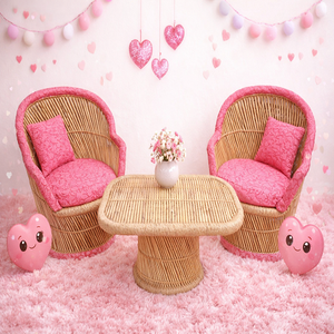 Ensemble de chaises de jardin en bambou pour salon, coussins roses, 2 chaises, 1 table, design moderne, meubles d'extérieur écologiques, confortables - Product Image 2