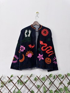 Ethnic Navy Blue <b>Velvet</b> Embroidered Suzani <b>Jacket</b> With Snake Pattern Full Sleeve Stand Collar Handmade Bohemian Winter Outerwear - Product Image 1