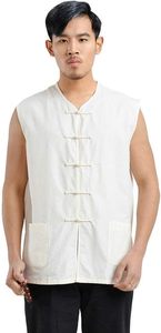 Best Quality Black And <b>White</b> Sleeveless <b>Men</b> Tank Top Mandarin Collar Knot Front <b>Vest</b> Casual Martial Arts Training Outerwear - Product Image 4