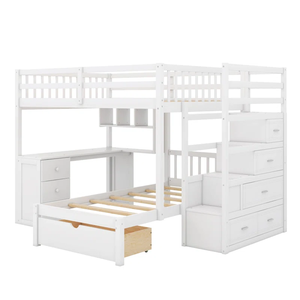 High Quality Modern Design White Solid Wood Full <b>Over</b> Twin Double Bunk Bed with <b>Desk</b> Drawers and <b>Shelves</b> for Kids - Product Image 2