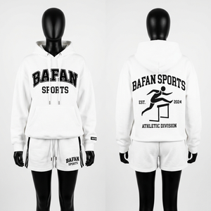 Conjunto de Sudadera con Capucha y Pantalones Cortos para Mujer, Felpa Suave de 300 GSM, Diseño con Paneles Blancos, Logotipo Personalizado por Transferencia Térmica - Product Image 1