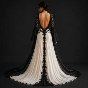 Luxury Black <b>White</b> Gothic <b>Lace</b> Floor-Length Embroidery Wedding Gown Designer Bridal Long Sleeves Elegant Vintage Ball Gown - Product Image 4