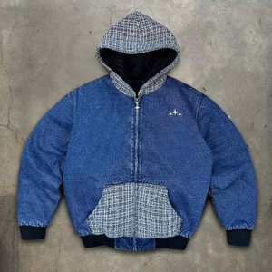 Veste zippée décontractée coupe-vent pour homme, style automne, en jean oversize avec patchwork à carreaux et doublure - Product Image 1