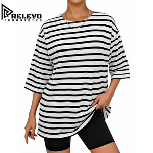 T-shirt rayé à col rond et manches courtes pour femme, style oversize, vente en gros, haut décontracté de haute qualité, coupe classique, motif noir et blanc - Product Image 3
