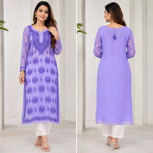 Trending Lavender Purple Embroidered Kurti for Women – Elegant Floral Ethnic Wear with Long Sleeves and Detailed Neckline Design - Product Image 4