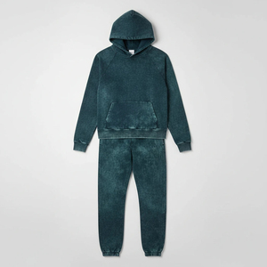 Custom Logo Teal Green Acid Wash Tracksuit Men Heavyweight Fleece Hoodie and Jogger Set Streetwear Vintage Mineral Wash - Product Image 4