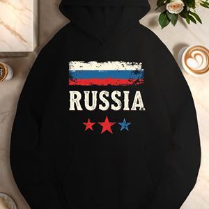 Sweat-shirt décontracté pour femme avec imprimé drapeau russe vieilli, sweat-shirt en tricot 100% polyester avec poches, style automne, manches longues, H - Product Image 6