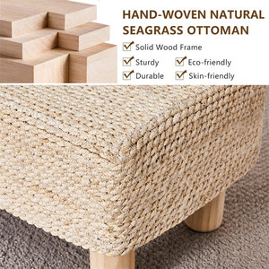 Otomana Rectangular de algas marinas naturales tejidas a mano con patas de madera, taburete de pie de algas marinas naturales para sala de estar, dormitorio, entrada - Product Image 4