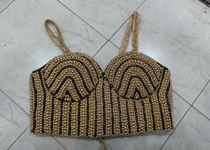 Corset bustier doré tissé respirant orné à la main de perles, strass et perles noires pour mariage d'hiver - Product Image 2