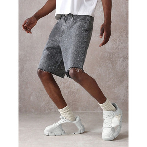 Custom <b>Black</b> Rhinestone Denim <b>Shorts</b> Men Raw Hem Summer Streetwear High Street Hip Hop Crystal Stud <b>Jeans</b> Jorts Unisex Elastic - Product Image 3