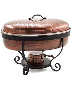 Copper Round Chafer <b>Food</b> Warmer with Hammered Finish and Black Metal Stand for Restaurant Use - Product Image 1