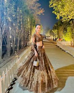 ชุดเลเฮนกาโชลีปักลายสีน้ำตาลพร้อมผ้าคลุมไหล่ ชุดแต่งงานแบบดั้งเดิมของอินเดียสำหรับผู้หญิง ทำจากผ้าไหม ทรงปกติ ความยาวระดับพื้น - Product Image 3