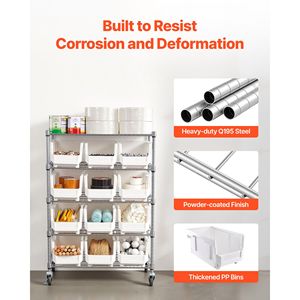 Sistema di Scaffalature in Acciaio a 5 Ripiani con Ruote, 12 Contenitori Organizzativi, Rack Mobile per Attrezzi con Ruote, Scaffali Multiuso - Product Image 6