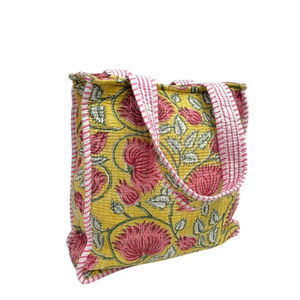 Yellow Floral Cotton Shoulder <b>Bag</b> With Pink Piping | High Quality Hand Block Print Small Tote <b>Bag</b> Zipper Handmade Masterpiece - Product Image 1