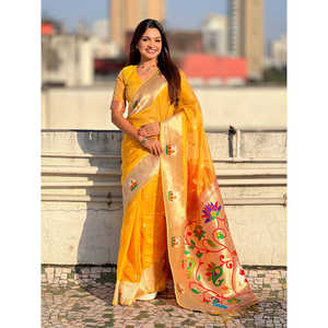 Sari de soirée tissé en soie Paithani Zari, organza jaune Elite Weaves, 450g - Product Image 6