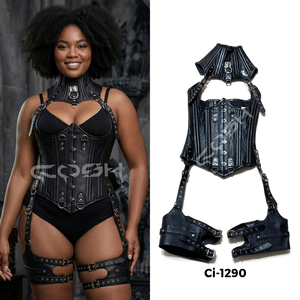 <b>Underbust</b> Steelboned Fashion And Club Wear Black Leather Harness <b>Corset</b> Set - Product Image 5