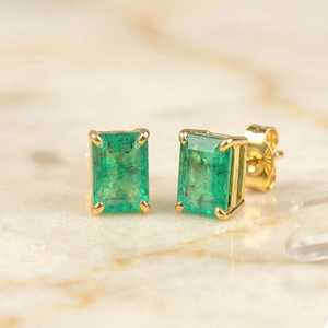 Lab Grown <b>Emerald</b> <b>Stud</b> Earrings 925 Sterling Silver Gold Plated <b>Emerald</b> Cut Green Gemstone Trendy Anniversary Earrings for Women - Product Image 2