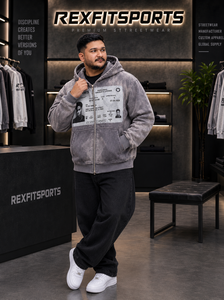 REXFITSPORTS 2026 <b>Men</b>’s Washed <b>Grey</b> Oversized Zip Up Hoodie Custom Photo Graphic Print Premium Cotton <b>Fleece</b> Streetwear Jacket - Product Image 4