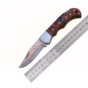 Couteau de poche pliant artisanal en cuivre damasqué avec manche en bois de rose - Product Image 6