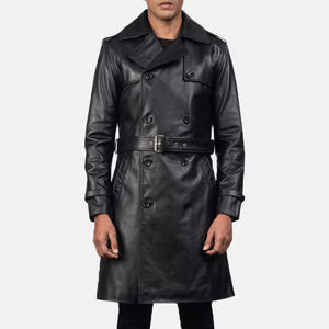 Manteau long d'hiver en cuir véritable épais, style streetwear, avec logo personnalisé imprimé, fermeture à ceinture respirante pour homme - Product Image 1
