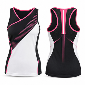 Camiseta sin mangas con cuello en V para mujer, en bloques de color negro, blanco y rosa, de secado rápido, deportiva, de punto, con estampado por sublimación - Product Image 1