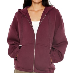 Sudadera con capucha de algodón polar para mujer, al por mayor, con hombros caídos, cremallera, bolsillos canguro, cierre de cremallera, de algodón rizado transpirable - Product Image 1
