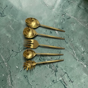 Gold Plated Serving Utensils Set <b>Mirror</b> Finish Long Handle Glam Style Metal Salad Fork Spoon Spatula for Party Occasion - Product Image 4