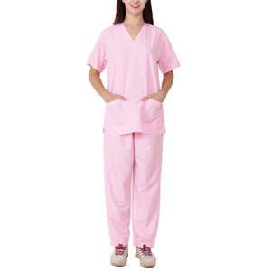 Ensemble de blouses et pantalons roses pour femmes, col en V, manches courtes, en coton et polyester tissé, tenue d'hôpital, détection d'aiguilles - Product Image 1