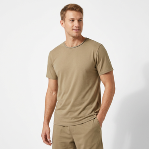 Conjunto de Camiseta y Pantalones Cortos de Algodón de Color Sólido para Hombre, con Ribete en Contraste en la Parte Delantera, Corte Regular, Estilo Casual, Cuello Redondo, Manga Corta, Tejido de Punto, 180g - Product Image 5