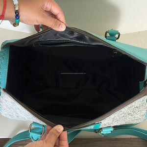 Premium Turquoise <b>Tooled</b> Cowhide <b>Leather</b> Large Speedy Bags Luxury Western Designer Crossbody Weekender Travel Unisex Duffel Bags - Product Image 6