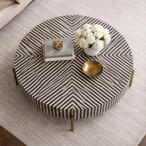 Modern <b>Round</b> Coffee <b>Table</b> Black and <b>White</b> Striped Metal Legs Handmade Wood Top Living Room Furniture - Product Image 3