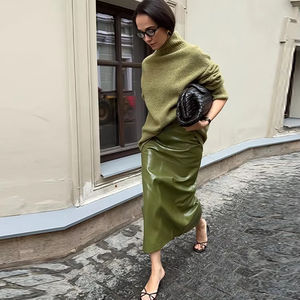 Falda Larga de Cuero Vintage para Mujer, Diseño Sólido con Cierre, Estiliza la Figura, Elegante y Chic, Ropa Urbana Femenina - Product Image 1