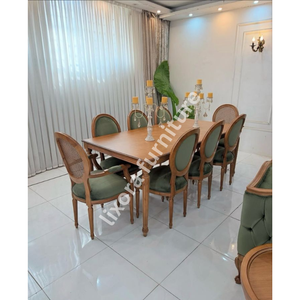 Ensemble de table à manger en bois massif artisanal de luxe pour 8 personnes, style français vintage, chaises en velours vert - Product Image 5