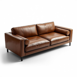 Canapé deux places en cuir contemporain, inspiré du design du milieu du siècle, revêtement en cuir de vachette véritable pour les meubles d'intérieur modernes - Product Image 1