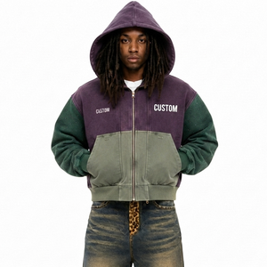 ODM Print Custom Logo Heavyweight Color Block Hoodies Vintage Washed Full <b>Zip</b> Cotton Oversized Streetwear Private Label Factory - Product Image 1