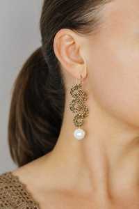 Boucles d'oreilles pendantes longues en forme de serpent perlé avec perles ondulées, style statement, pour mariée, en argent sterling 925 plaqué or 14 carats - Product Image 6