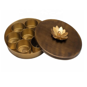 Antique Textured Brass Condiments <b>Box</b> Indian Spice <b>Box</b> Diwali Gift Designer Lid <b>Masala</b> <b>Box</b> 7 Container & 1 Spoon Home Kitchen - Product Image 5